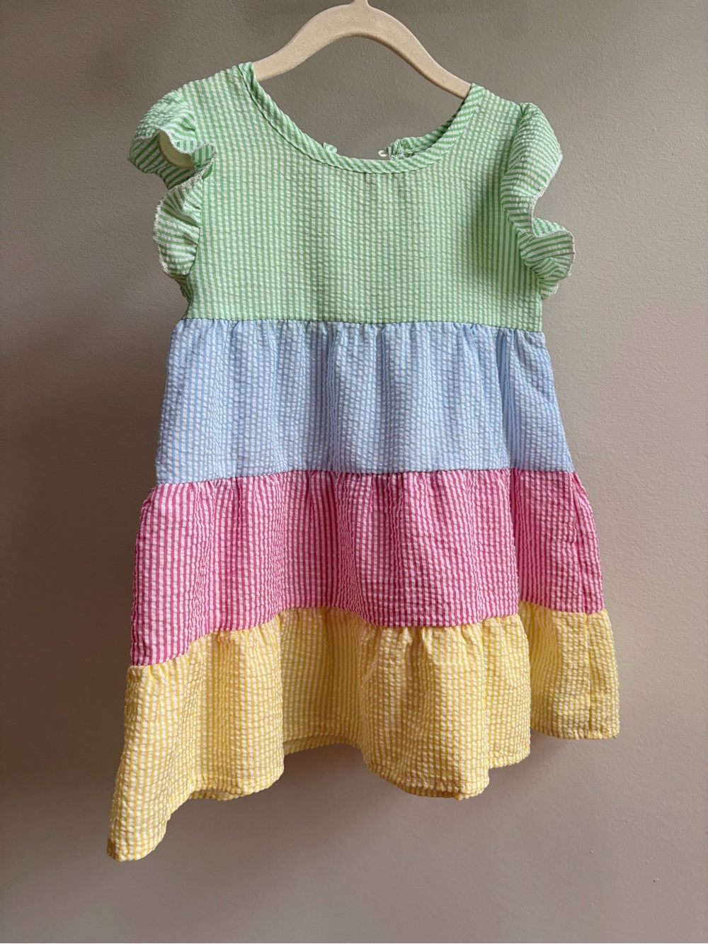 Girls' Rainbow Tiered Seersucker Dress - Pastel Green, Blue, Pink & Yellow